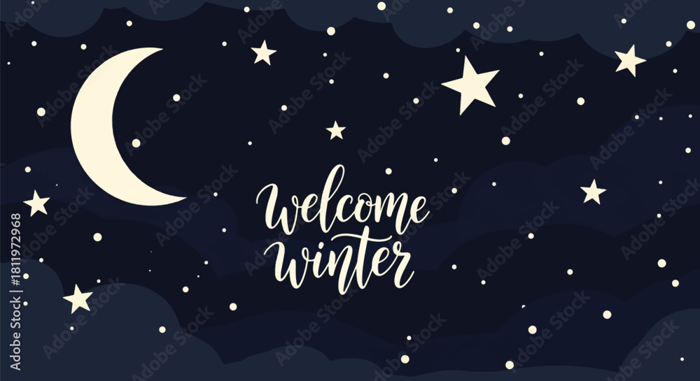 Naklejka premium Flat vector winter night sky wallpaper with stars, moon, and falling snow. Ideal for holiday cards, winter websites, seasonal posters, and calm decorative backgrounds