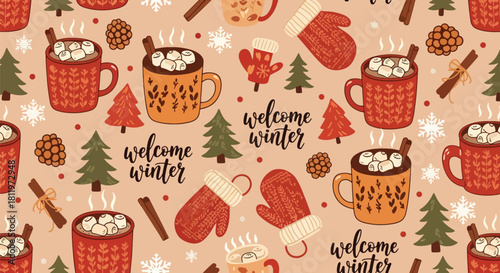 Flat vector winter wallpaper with mugs, marshmallows, cinnamon sticks, and cozy treats. Ideal for warm seasonal décor, café branding, packaging, and festive backgrounds