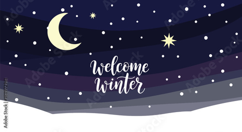 Flat vector winter night sky wallpaper with stars, moon, and falling snow. Ideal for holiday cards, winter websites, seasonal posters, and calm decorative backgrounds