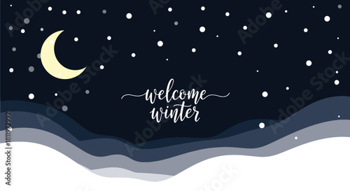 Flat vector winter night sky wallpaper with stars, moon, and falling snow. Ideal for holiday cards, winter websites, seasonal posters, and calm decorative backgrounds