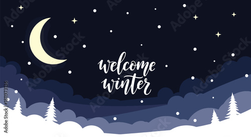 Flat vector winter night sky wallpaper with stars, moon, and falling snow. Ideal for holiday cards, winter websites, seasonal posters, and calm decorative backgrounds