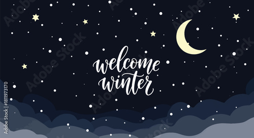 Flat vector winter night sky wallpaper with stars, moon, and falling snow. Ideal for holiday cards, winter websites, seasonal posters, and calm decorative backgrounds