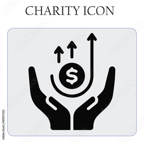 Charity donation vector icon featuring helping hands and heart symbol, perfect for nonprofit, volunteer, and humanitarian projects