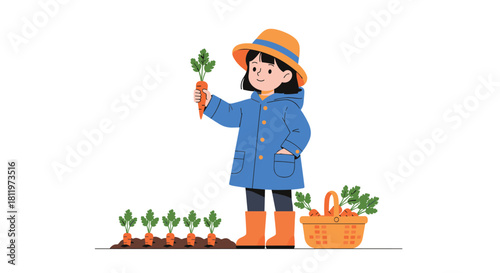 A cartoon child wearing a hat and coat holds a fresh carrot from a garden bed.
