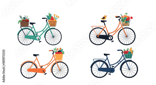 Four illustrated bicycles with baskets filled with flowers and produce in a clean white background.