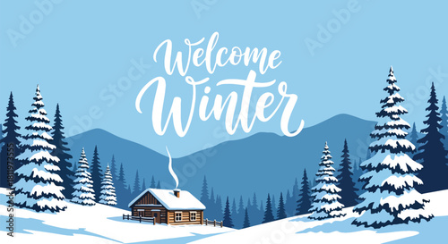 Flat vector winter cabin scene with snowy mountains, pines, and chimney smoke. Ideal for travel graphics, winter backgrounds, greeting cards, and cozy seasonal décor