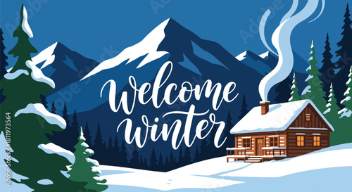 Flat vector winter cabin scene with snowy mountains, pines, and chimney smoke. Ideal for travel graphics, winter backgrounds, greeting cards, and cozy seasonal décor