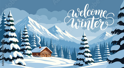 Flat vector winter cabin scene with snowy mountains, pines, and chimney smoke. Ideal for travel graphics, winter backgrounds, greeting cards, and cozy seasonal décor