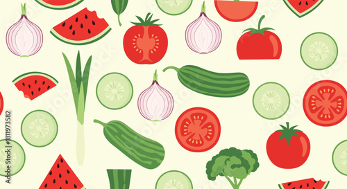 A repeating pattern of fresh vegetables and fruits including tomatoes, cucumbers, watermelon, onions, broccoli, and green onions.