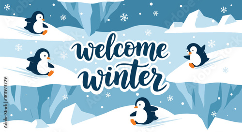 Flat vector wallpaper with adorable penguins sliding on snow with snowflakes. Ideal for kids’ products, winter merchandise, wallpapers, and playful seasonal designs