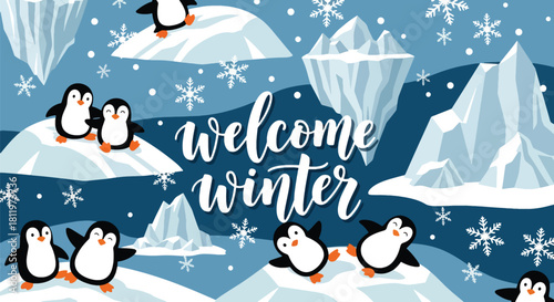 Flat vector wallpaper with adorable penguins sliding on snow with snowflakes. Ideal for kids’ products, winter merchandise, wallpapers, and playful seasonal designs