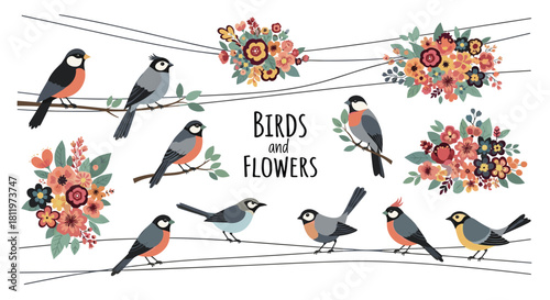 Cute illustration of birds perched on wires with floral accents.