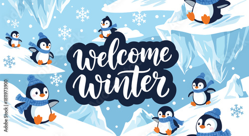 Flat vector wallpaper with adorable penguins sliding on snow with snowflakes. Ideal for kids’ products, winter merchandise, wallpapers, and playful seasonal designs