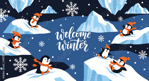 Flat vector wallpaper with adorable penguins sliding on snow with snowflakes. Ideal for kids’ products, winter merchandise, wallpapers, and playful seasonal designs