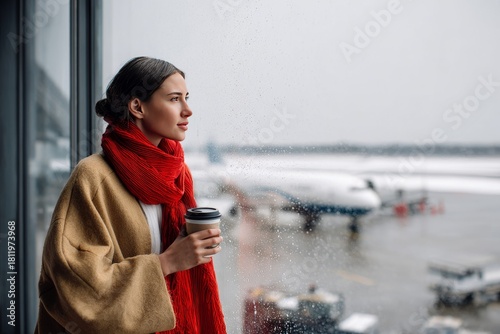 A young woman standing near a rainy airport window with a cup of coffee, looking out at an airplane on the tarmac, symbolizing travel, waiting, and winter journey