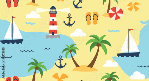 Seamless pattern of summer beach vacation icons with lighthouses, sailboats, palm trees, and flip-flops.