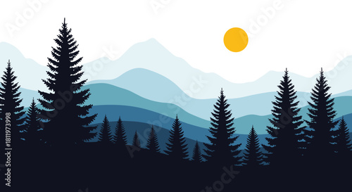 Serene mountain landscape with silhouetted pine trees and a bright sun on a clear day.