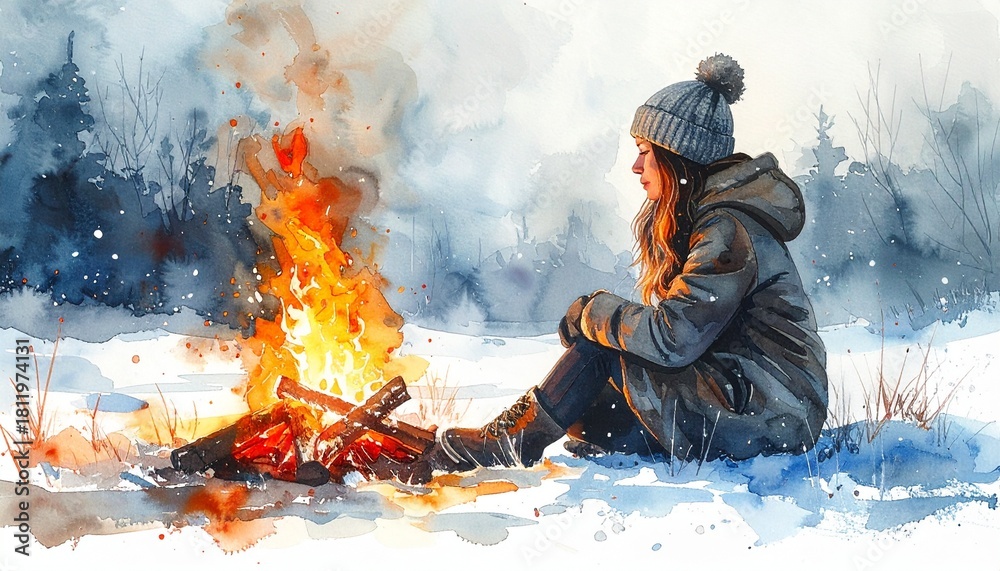 Obraz premium 真冬にたき火をして温まる女性の水彩画イラスト