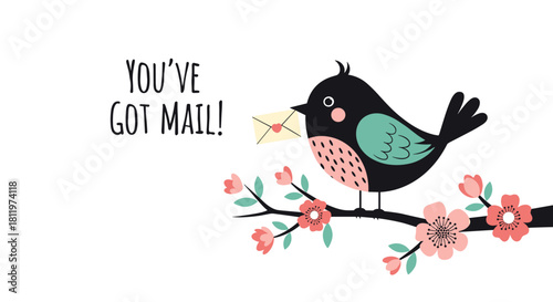 Cute cartoon bird carrying a letter perches on a branch with pink flowers.