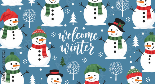Flat vector wallpaper with snowmen wearing hats and scarves among winter elements. Ideal for Christmas cards, festive décor, wrapping paper, and family-friendly seasonal art