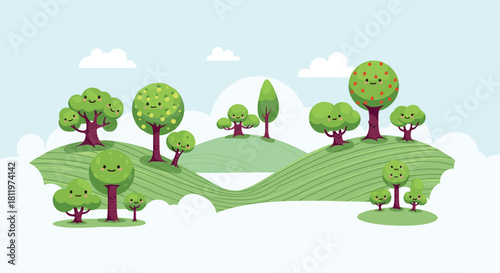 Cute cartoon trees with smiling faces populate rolling green hills under a light blue sky with clouds.