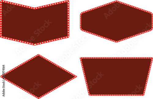 Red Retro Marquee Signboard Shape Collection Vintage Light Bulb Border Frames Featuring Chevron, Diamond, Trapezoid, and Irregular Polygon Designs