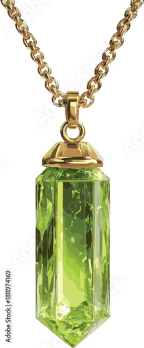 Green crystal pendant on a golden chain isolated on