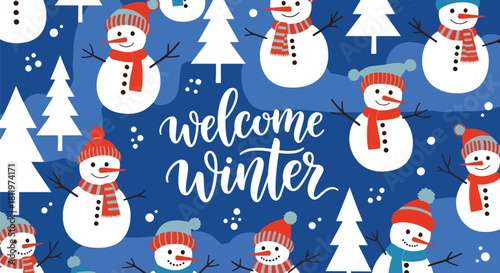 Flat vector wallpaper with snowmen wearing hats and scarves among winter elements. Ideal for Christmas cards, festive décor, wrapping paper, and family-friendly seasonal art