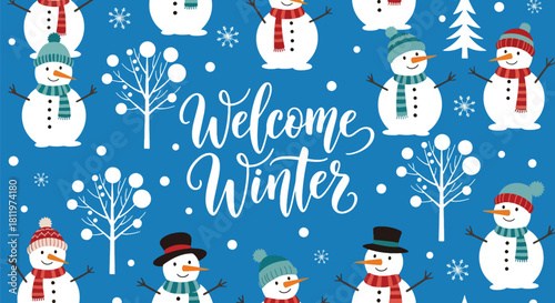 Flat vector wallpaper with snowmen wearing hats and scarves among winter elements. Ideal for Christmas cards, festive décor, wrapping paper, and family-friendly seasonal art