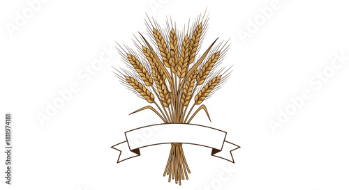 A bundle of golden wheat ears tied with a decorative ribbon below.