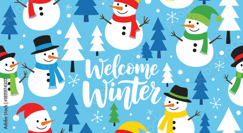 Flat vector wallpaper with snowmen wearing hats and scarves among winter elements. Ideal for Christmas cards, festive décor, wrapping paper, and family-friendly seasonal art