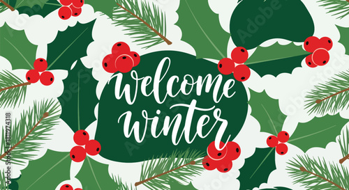 Flat vector botanical wallpaper with holly leaves, pine branches, and berries. Ideal for winter packaging, stationery, seasonal décor, and festive background designs