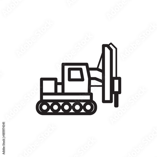Pile driver icon on crawler tracks, flat line style. Ideal for construction, heavy equipment, civil engineering, foundation work, and industrial drilling projects.