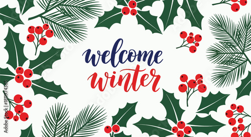 Flat vector botanical wallpaper with holly leaves, pine branches, and berries. Ideal for winter packaging, stationery, seasonal décor, and festive background designs