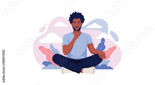 A calm man practicing mindfulness meditation with a shushing gesture reminding to be quiet for peace and stress relief.