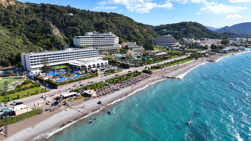 Naklejka premium Aerial drone photo of famous seaside area of Ixia popular for luxury hotels and resorts in island of Rhodes, Dodecanese, Greece