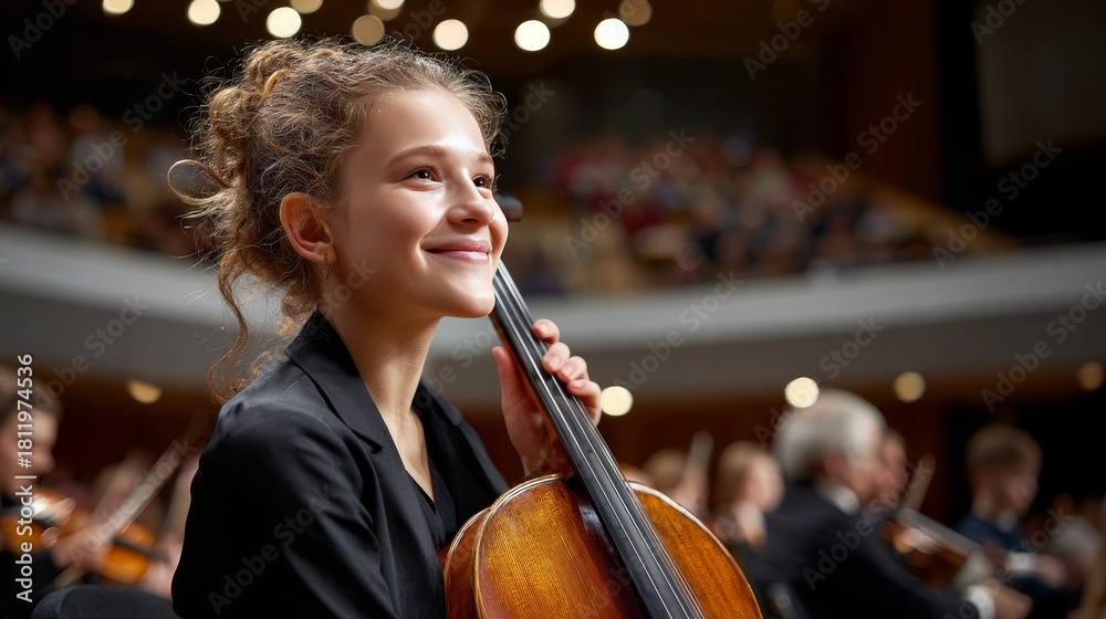 Fototapeta premium Proudly smiling young female cello player looking up during a performance in a large, dimly lit concert hall with an audience and orchestra in the background