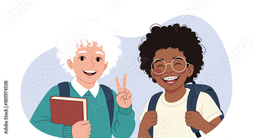 Two happy and diverse school boys with backpacks smiling together one making a peace sign showing friendship and education.