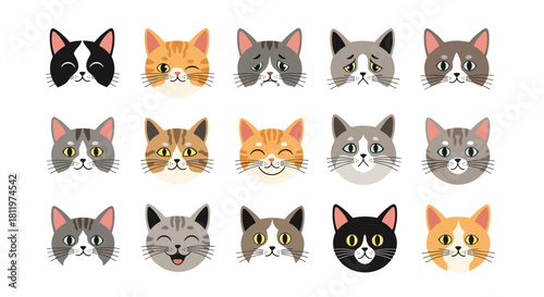Large collection of cute cartoon cat heads showing a variety of different breeds and funny emotional expressions for avatars.