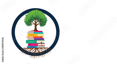 Illustration of a tree growing from a stack of colorful books inside a dark blue circle.