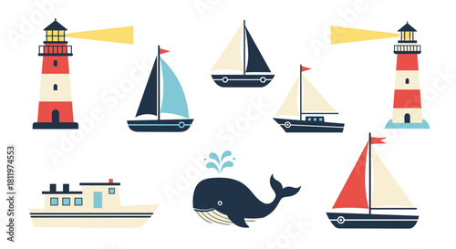 Nautical themed collection of cute cartoon sea transport illustrations including a whale sailboats and lighthouses on white.