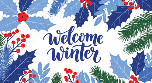 Flat vector botanical wallpaper with holly leaves, pine branches, and berries. Ideal for winter packaging, stationery, seasonal décor, and festive background designs