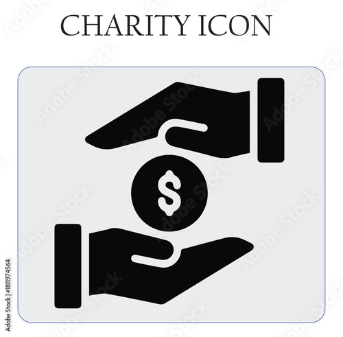 Charity donation vector icon featuring helping hands and heart symbol, perfect for nonprofit, volunteer, and humanitarian projects