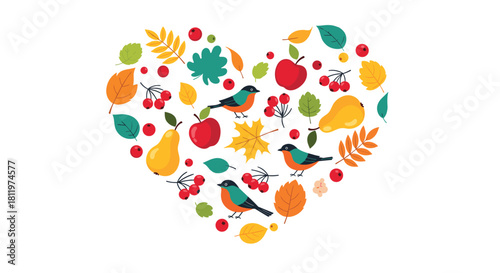 Heart shape filled with autumn leaves, birds, apples, and pears on a white background.
