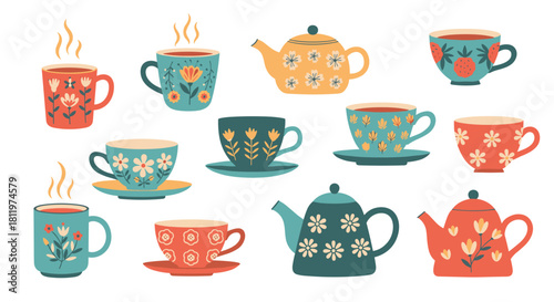 Charming collection of colorful folk art style teacups mugs and teapots decorated with cute floral patterns for tea time.
