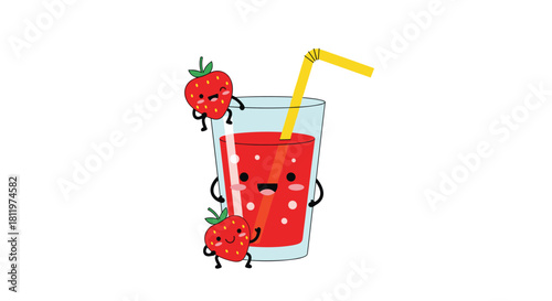 Adorable kawaii glass of strawberry juice character with cute strawberry friends climbing on the side isolated on white vector.