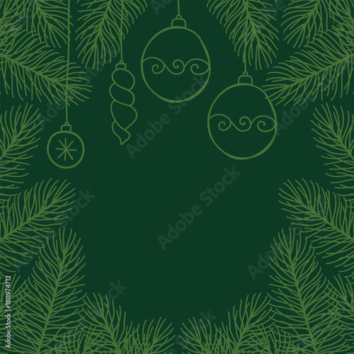 background with painted fir branches and Christmas balls on a green background. Christmas doodle Decor