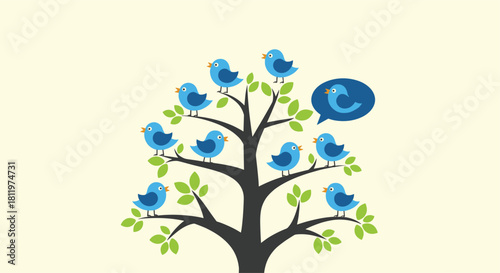 Illustration of a tree with many blue birds perched on its branches symbolizing social media networks and communication.