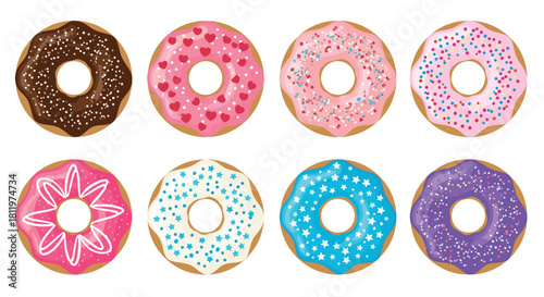 Delicious set of eight colorful cartoon donuts with a variety of different sweet icings and sprinkles on a white background.