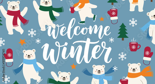 Flat vector wallpaper featuring adorable winter bears wearing scarves with tiny snowflakes. Ideal for children’s décor, apparel prints, packaging, and cozy winter themes